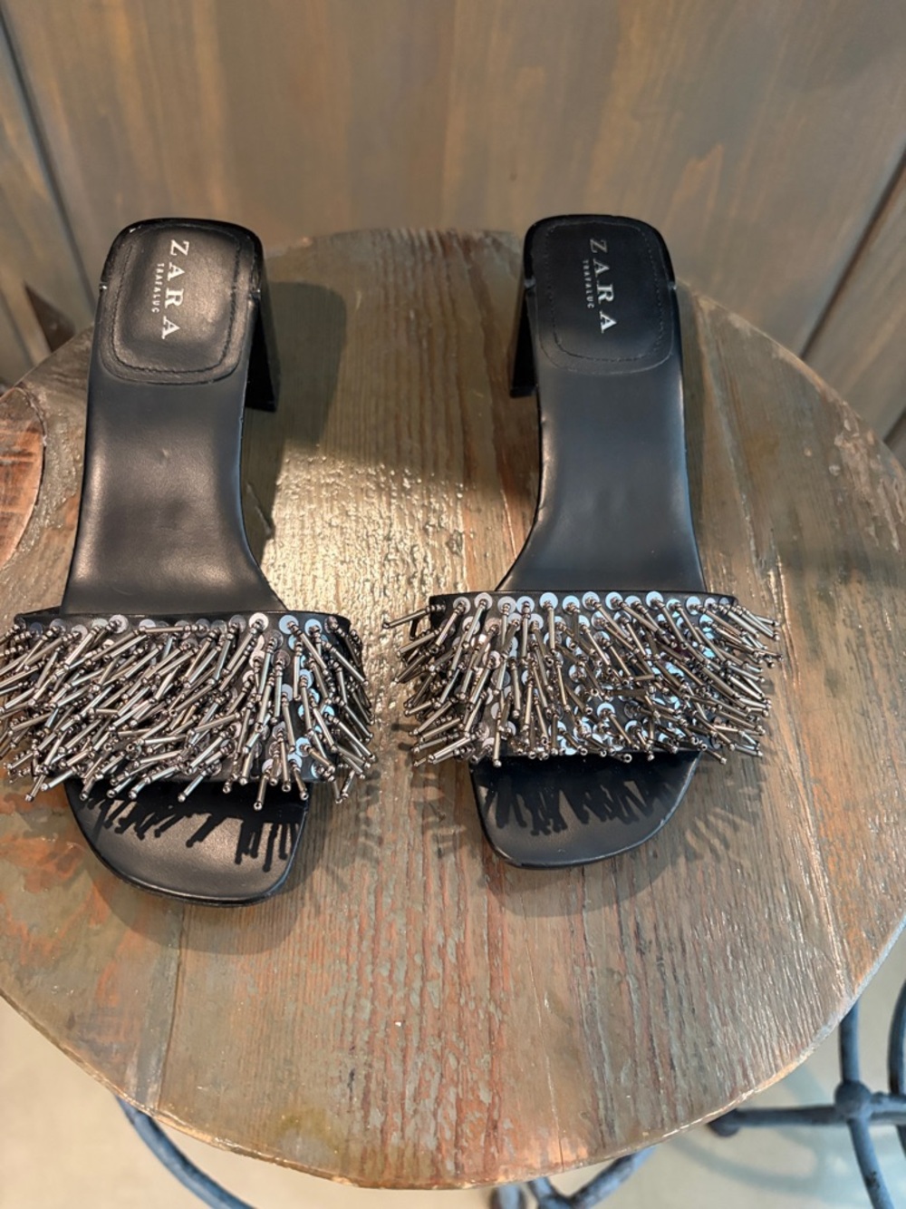 ZARA Black Slide Mules with Silver Spike Embellishment